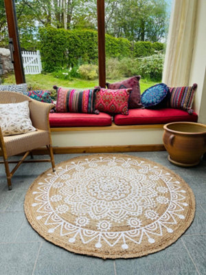 MANDALA Pattern Round White Rug Jute with Block Print / 150 cm Diameter