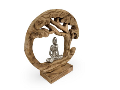 Mango Wood and Aluminium Meditating Buddha Tree Sculpture Natural and ...