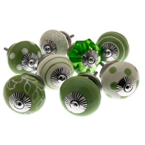 MangoTreeKnobs Bright Green Door Knobs Beautifully Hand Painted Ceramic in a Set of 8 Spots, Stripes and Patterns
