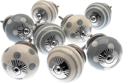 MangoTreeKnobs - Ceramic Door Knobs in Whisper Greys Hand Painted Spots and Stripes Set of 8