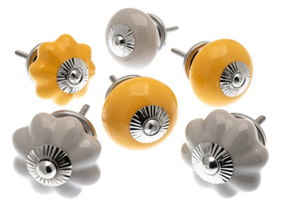MangoTreeKnobs - cupboard knobs saffron yellow gold and slate grey mixed set of 6 ceramic cabinet knobs (MG-275)