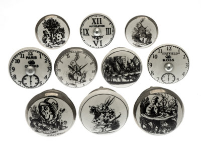 MangoTreeKnobs - cupboard knobs set of 10 Alice in Wonderland ceramic knobs and monochrome clocks (MG-262) MangoTreeKnobs