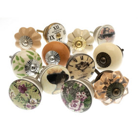 MangoTreeKnobs - Door Knobs Hand Painted Ceramic with Clocks, Butterfly, Flowers and Brass Fretwork Set of 12