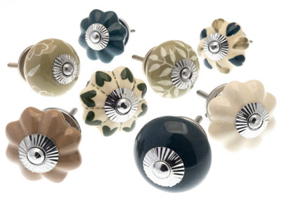 MangoTreeKnobs - Door Knobs in Sage Green, Mottled Brown and Brass Fretwork - Pack of 8 Cupboard Knobs