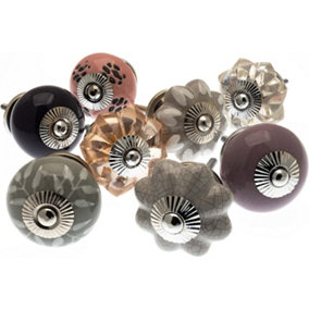 MangoTreeKnobs Glass and Ceramic Cupboard Door Knob Set of 8 in Neutral Shades of Antique Pinks and Gentle Grey Designs