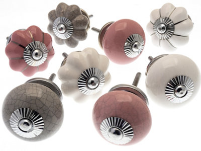 MangoTreeKnobs Glass and Ceramic Knobs in Pastel Pinks, Grey and White Crackle Effects - Set of 8