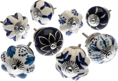 MangoTreeKnobs Hand Painted Door Knobs in Blue and White Set of 8 Drawer Pulls