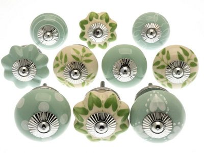 MangoTreeKnobs - Hand Painted Door Knobs in Pale Mint Green and White Spots, Stripes and Hearts - 10 Pack (MG-335)