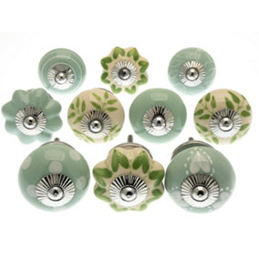 MangoTreeKnobs - Hand Painted Door Knobs in Pale Mint Green and White Spots, Stripes and Hearts - 10 Pack (MG-335)