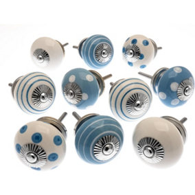 MangoTreeKnobs - Mixed Set of 10 x Blue and White Spots and Stripes Ceramic Door Cupboard Knobs