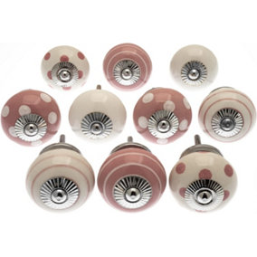 MangoTreeKnobs - Mixed Set of 10 x Dusty Pink and White Spots and Stripes and Crackle Ceramic Cupboard Knobs (MG-730)