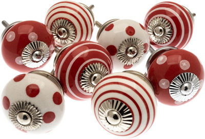 MangoTreeKnobs - Mixed Set of 8 Red & White Spots and Stripes Ceramic Cupboard Knobs / door knobs / drawer knobs by MangoTreeKnobs