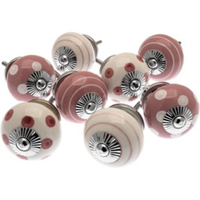 MangoTreeKnobs - Mixed Set of 8 x Dusty Pink and White Spots and Stripes and Crackle Ceramic Cupboard Knobs (MG-729)