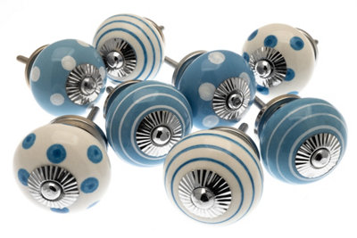 MangoTreeKnobs - Mixed Set of 8 x Light Blue and White Spots and Stripes Ceramic Cupboard Knobs (MG-739)