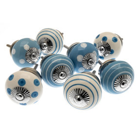 MangoTreeKnobs - Mixed Set of 8 x Light Blue and White Spots and Stripes Ceramic Cupboard Knobs (MG-739)