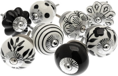 MangoTreeKnobs - Mixed Set of Black & white Ceramic Cupboard Knobs x set of 8