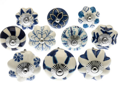 MangoTreeKnobs -  Mixed Set of Blue and White Ceramic Cupboard Knobs x Pack 10 (MG-203)