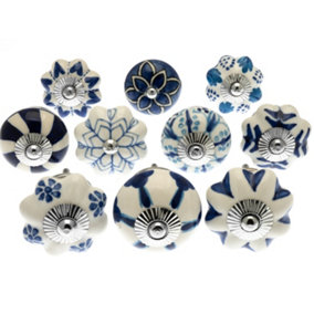 MangoTreeKnobs -  Mixed Set of Blue and White Ceramic Cupboard Knobs x Pack 10 (MG-203)