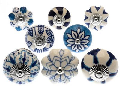 MangoTreeKnobs - Mixed Set of Blue & White Ceramic Cupboard Knobs x Pack 8 (MG-702)