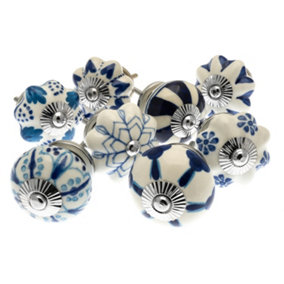 MangoTreeKnobs - Mixed Set of Blue & White Ceramic Cupboard Knobs x Pack 8 (MG-702)
