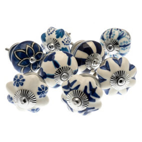 MangoTreeKnobs - Mixed Set of Blue & White Vintage Style Ceramic Cupboard Knobs x Pack 8 (MG-713)