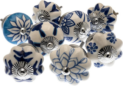 MangoTreeKnobs - Mixed Set of Blues Ceramic Cupboard Knobs x Pack 8 (MG-706)