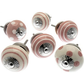 MangoTreeKnobs - Mixed Set of Dusty Pink & Off White Ceramic Cupboard Knobs x Pack 6 (MG-257)
