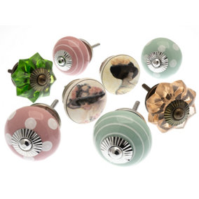 MangoTreeKnobs - Mixed Set of Green & Rose Pink Glass & Ceramic Cupboard Knobs x Pack 8 (MG-169)