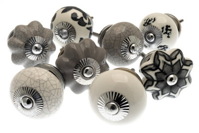 MangoTreeKnobs - Mixed Set of Grey and White Scandi Style Ceramic Cupboard Knobs x Pack 8 (MG-700)