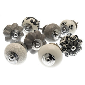 MangoTreeKnobs - Mixed Set of Grey and White Scandi Style Ceramic Cupboard Knobs x Pack 8 (MG-700)