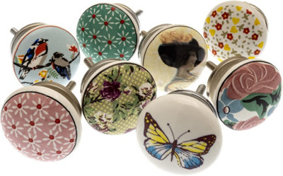 MangoTreeKnobs - Mixed Set of Handfinished Decals Ceramic Cupboard Knobs x Pack 8 (MG-611)