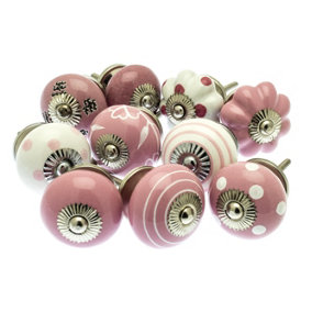 MangoTreeKnobs - Mixed Set of Pink & White Ceramic Cupboard Knobs/Door knobs/Drawer knobs x Pack 10