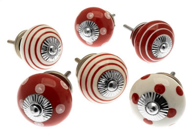 MangoTreeKnobs - Mixed Set of Red and White Ceramic Cupboard Drawer Knobs x Pack 6 (MG-420)