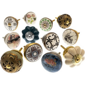 MangoTreeKnobs - Mixed Set of Shabby Chic Vintage Style Ceramic Cupboard Knobs x Pack 12 (MG-263)