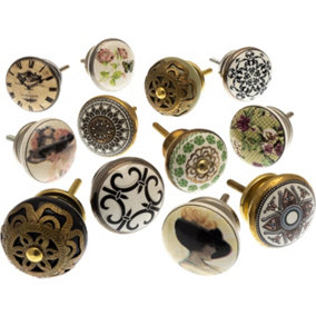 MangoTreeKnobs - Mixed Set of Shabby Chic Vintage Style Ceramic Cupboard Knobs x Pack 12 (MG-264)