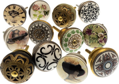 MangoTreeKnobs - Mixed Set of Shabby Chic Vintage Style Ceramic Cupboard Knobs x Pack 12 (MG-264)