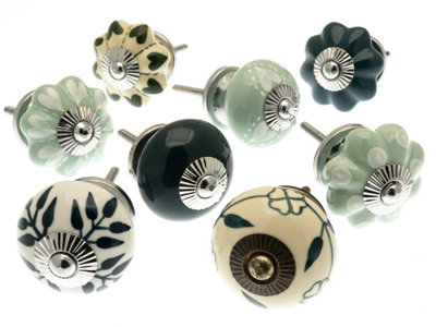 MangoTreeKnobs - Mixed Set of  Teal Green and Cream Hearts Ceramic Cupboard Knobs Pack of 8
