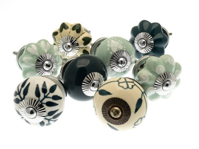 MangoTreeKnobs - Mixed Set of  Teal Green and Cream Hearts Ceramic Cupboard Knobs Pack of 8