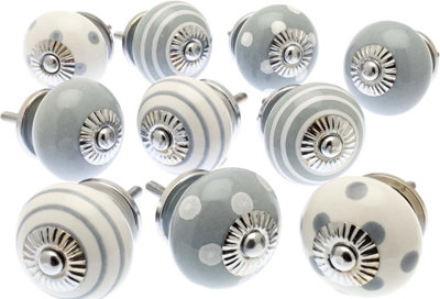 MangoTreeKnobs - Mixed Set of Whisper Grey & White Spots and Stripes Ceramic Cupboard Knobs x Pack10 (MG-279)