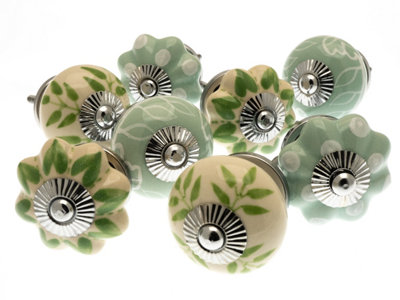 MangoTreeKnobs - Painted Door Knobs in Pale Mint Green and White Spots, Stripes and Hearts Pack of 8