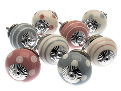 MangoTreeKnobs - Set of 8 Whisper Grey, Pale Pink and White Spots and Stripes (MG-285)