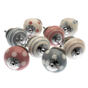 MangoTreeKnobs - Set of 8 Whisper Grey, Pale Pink and White Spots and Stripes (MG-285)