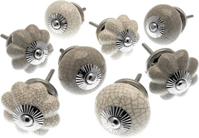 MangoTreeKnobs Set of 8 White and Whisper Grey Crackle and Plain Finish Cupboard Knobs