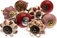 MangoTreeKnobs -Set of Ceramic & Glass Cupboard Knobs in Dramatic Reds & Pinks x Pack 8 (MG-752)
