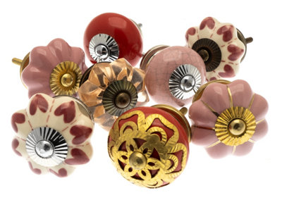 MangoTreeKnobs -Set of Ceramic & Glass Cupboard Knobs in Dramatic Reds & Pinks x Pack 8 (MG-752)