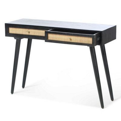 Manhattan Console Table Mango Wood & Cane in Black with 2 Drawers