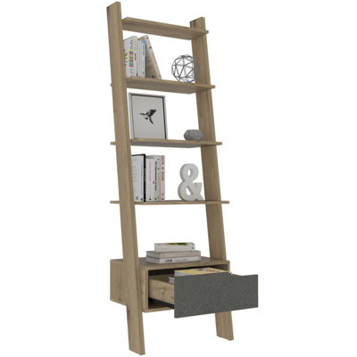 Manhattan ladder bookcase, bleached pine & stone effect