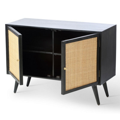 Manhattan Sideboard 2 Door Mango Wood & Cane Webbing in Black H70cm x W100cm x D40cm