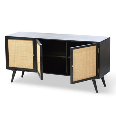 Manhattan Sideboard 3 Door Mango Wood & Cane Webbing in Black H70cm x W145cm x D45cm