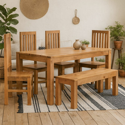 Manila 180cm Light Mango Wood Dining Set with Bench and 4 Slatted Chairs